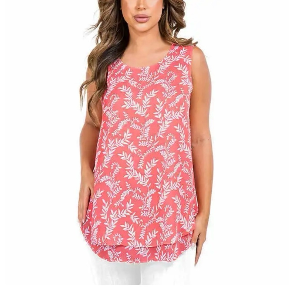 Cristina B Double Layer Sleeveless Tunic Top Pink Leaf Print Size L